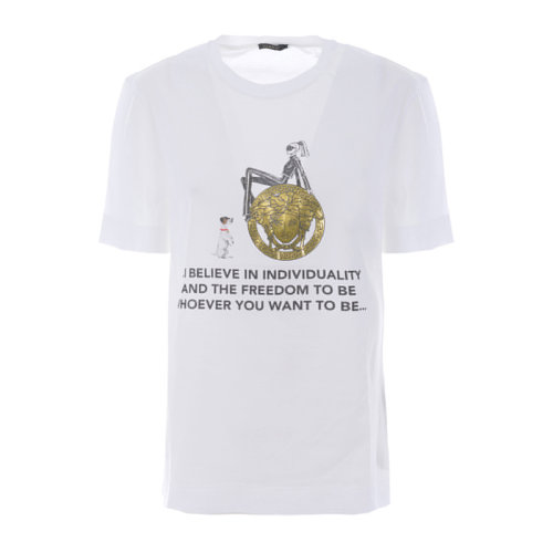 VERSACE/范思哲 女士白色棉質經典字母徽標印花裝飾圓領短袖上衣T恤 A77705-A201952-A1001