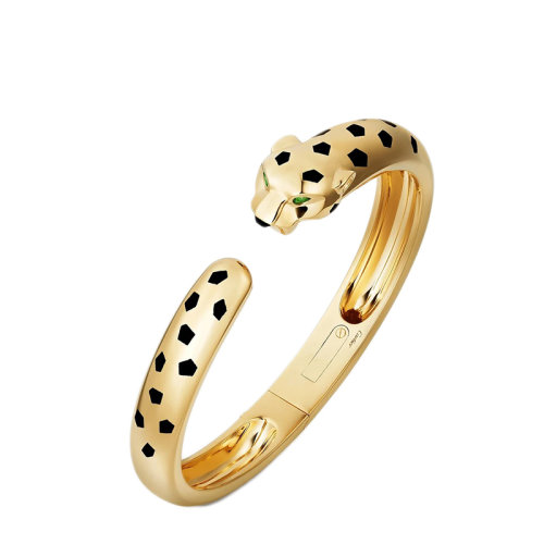 CARTIER/卡地亞 經典PANTHèRE系列 18K金黃金鑲嵌縞瑪瑙沙弗萊石榴石黑漆點綴獵豹手鐲N6715217
