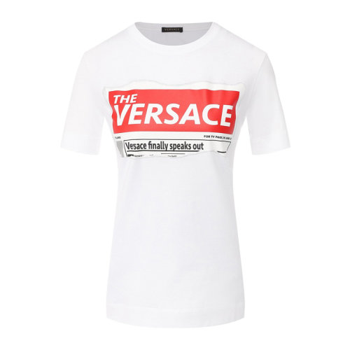 VERSACE/范思哲 女士白色棉質經典字母徽標印花裝飾圓領上衣短袖T恤 A82607-A224589-A1001