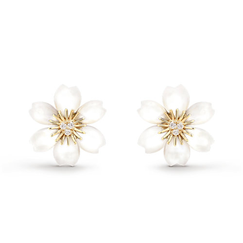 Van Cleef & Arpels/梵克雅寶 Rose de No?l系列 18k金黃金飾有白色珍珠貝母鑲嵌鉆石迷你圣誕玫瑰耳環  VCARP7RV00