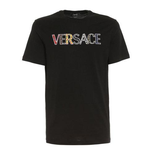 VERSACE/范思哲 男士黑色棉質(zhì)經(jīng)典字母徽標(biāo)刺繡裝飾圓領(lǐng)短袖上衣T恤 1002463-1A01811-1B000