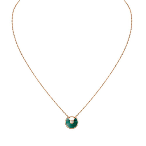 CARTIER/卡地亞 經典AMULETTE DE CARTIER超小號18K金玫瑰金孔雀石鉆石項鏈