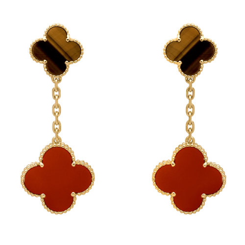 Van Cleef & Arpels/梵克雅寶 經典款MagicAlhambra?系列  18K金黃金鑲嵌虎眼石和紅玉髓耳墜四葉草耳環 VCARN5JR00