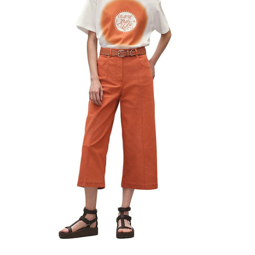 HERMES/愛馬仕 22年早春新款 女士橙色彈力牛仔布短款棉質喇叭褲H2E0453DQ2N36