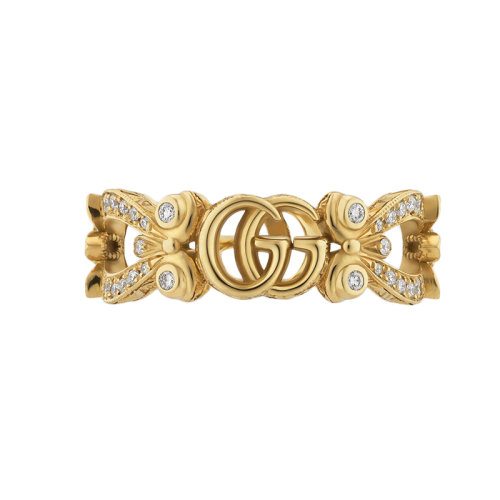 GUCCI/古馳 Gucci Flora 雙G和花朵細節鑲有鉆石18K金黃金戒指 629828J85408000