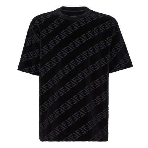 FENDI/芬迪 男士黑色棉質斜紋FF圖案圓領短袖T恤FY0936AHCAF0QA1