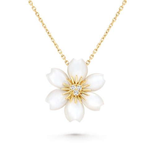 Van Cleef & Arpels/梵克雅寶 Rose de No?l系列 18k金黃金飾有珍珠貝母鑲嵌鉆石迷你圣誕玫瑰吊墜項鏈  VCARP7T000