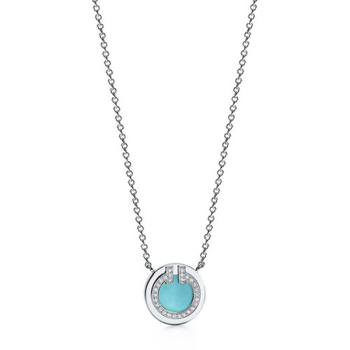 Tiffany & Co./蒂芙尼 經典Tiffany T系列 18K金白金鑲嵌綠松石鉆石圓形吊墜項鏈67467787