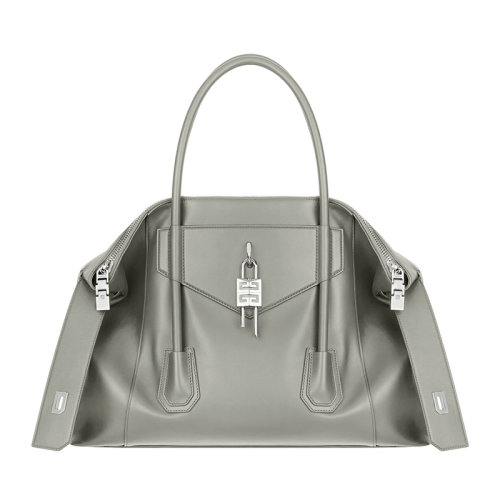 Givenchy/紀梵希  ANTIGONA LOCK SOFT系列 女士中號灰色柔軟小牛皮拉鏈封口可拆卸4G掛鎖單肩斜挎包 BB50HAB11E-030