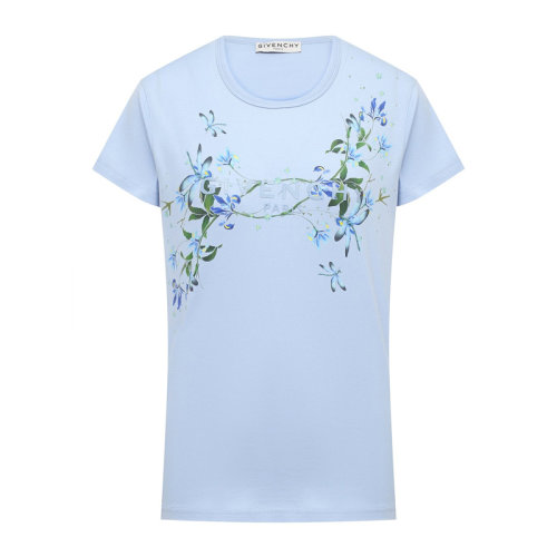 Givenchy/紀梵希 女士淺藍色棉質經典字母徽標印花裝飾圓領短袖上衣T恤 BW707Y3Z3W-450