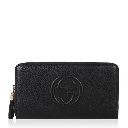 GUCCI/古馳 女士黑色雙G logo 壓紋牛皮長款拉鏈錢包