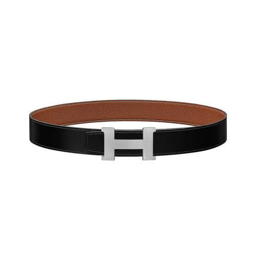 HERMES/愛馬仕 H系列 男士黑/金色荔枝紋皮革銀扣雙面腰帶38毫米H074562CB86/H077971CAAA080