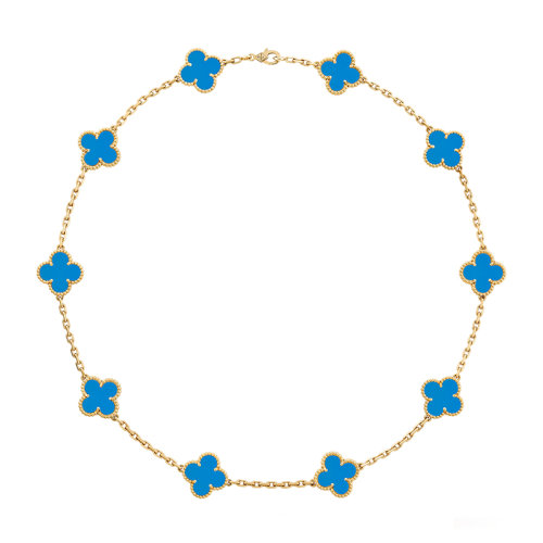 Van Cleef & Arpels/梵克雅寶  限量款Vintage Alhambra系列18K金黃金鑲嵌藍色瑪瑙 10花四葉草項鏈 VCARP34800