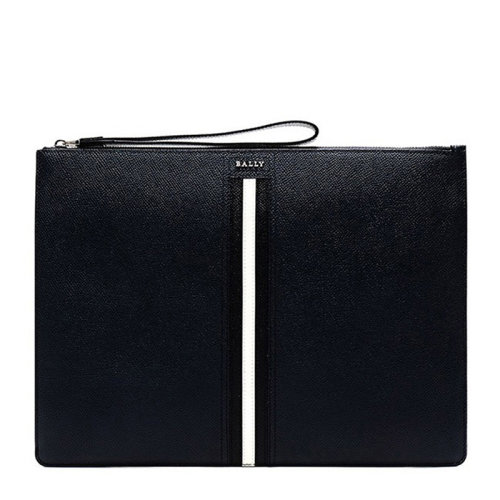 BALLY/巴利 男士黑色皮革經典字母徽標條紋裝飾拉鏈開合公文包手拿包手拿袋手包腕包男包 6232053