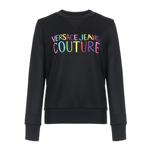 VERSACE JEANS/范思哲牛仔 女士黑色聚酯纖維混紡棉質經典字母徽標刺繡裝飾圓領長袖上衣衛衣運動衫套頭衫 B6HVB70G-30325-899