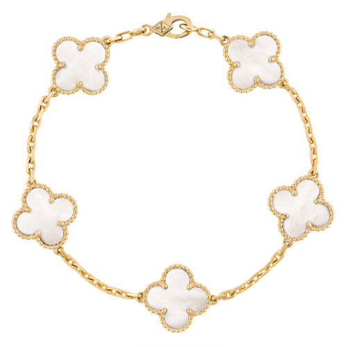 Van Cleef & Arpels/梵克雅寶 經典款Vintage Alhambra復古白色珍珠母貝五顆四葉草手鏈 VCARA41800