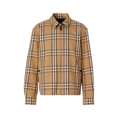 BURBERRY/博柏利 22年春夏新款 男士松露色/黑色棉質(zhì)和聚氨酯格紋圖案雙面兩穿哈林頓外套夾克80544821