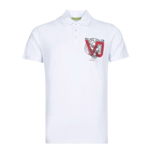 VERSACE JEANS/范思哲牛仔 男士白色棉質(zhì)經(jīng)典字母徽標(biāo)虎頭印花圓領(lǐng)裝飾翻領(lǐng)短袖上衣T恤POLO衫 B3GSA7P9-36610-003