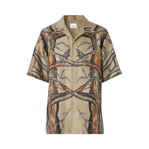 BURBERRY/博柏利 男士拼色桑蠶絲印花裝飾翻領短袖襯衫 8042030