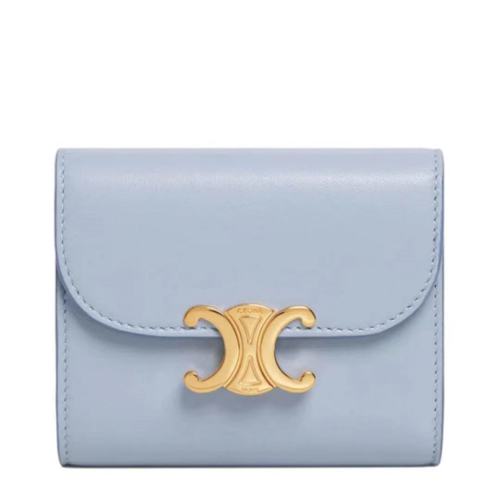 CELINE/賽琳  新款TRIOMPHE系列 女士小號(hào)北極藍(lán)色小羊皮凱旋金扣短款三折錢(qián)包10D783BZG07AU【主推】