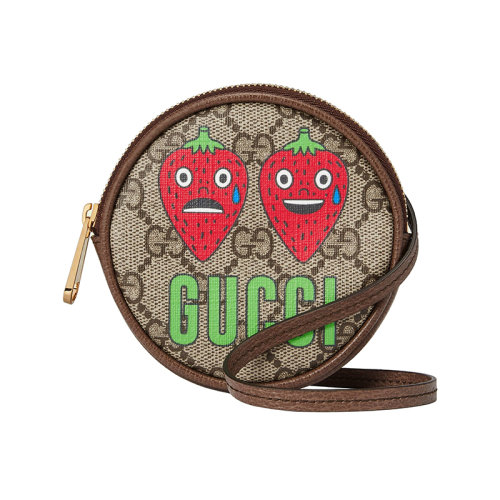 GUCCI/古馳  22新款 Gucci Love Parade系列 男款米色/烏木色 老花帆布皮革飾面草莓印花斜挎零錢包700734UF1AG8679