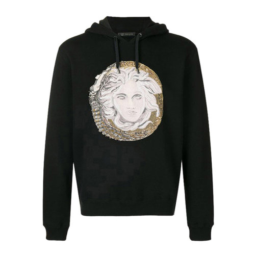 VERSACE/范思哲 男士黑色棉質(zhì)混紡聚酯纖維經(jīng)典美杜莎頭像裝飾長(zhǎng)袖上衣衛(wèi)衣連帽衫運(yùn)動(dòng)衫套頭衫 A80434-A226514-A008
