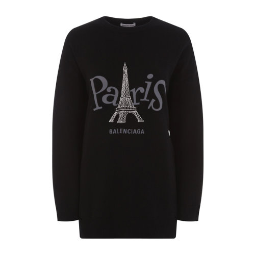 Balenciaga/巴黎世家 女士黑色羊絨PARIS字母埃菲爾天塔印花圓領長袖針織衫毛衣 595117-T4100-2473