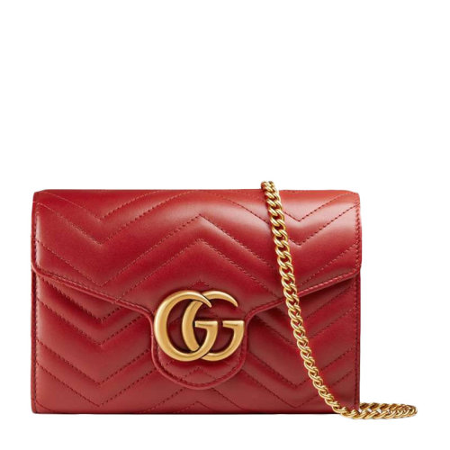 GUCCI/古馳  marmont系列女士紅色牛皮波浪紋WOC做舊雙G LOGO絎縫單肩包斜挎包女包 474575-DTD1T-6433