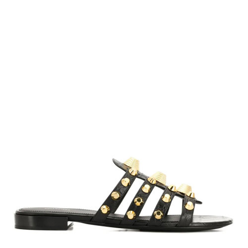 Balenciaga/巴黎世家 女士黑色皮革時(shí)尚鉚釘裝飾涼鞋拖鞋沙灘鞋女鞋 549897-A6DO-1000