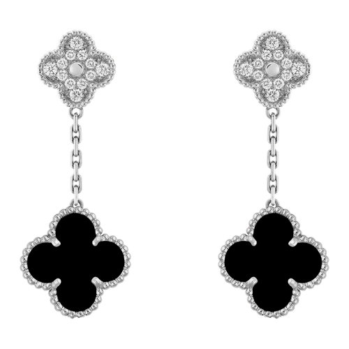 Van Cleef & Arpels/梵克雅寶 經典款MagicAlhambra系列 18K金白金鑲嵌黑色瑪瑙和全鉆四葉草優雅耳墜VCARP2RA00