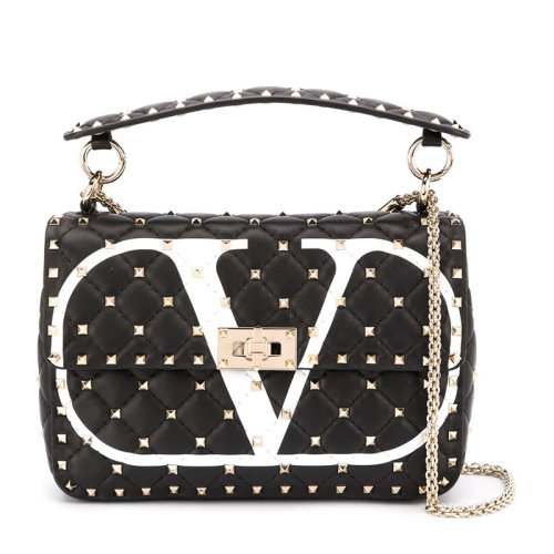 Valentino/華倫天奴 Rockstud Spike系列小號女士黑色皮革經典字母徽標印花鉚釘裝飾單肩包斜挎包鏈條包女包 UW2B0122-LNN-NER
