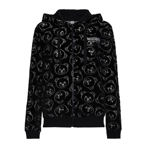 MOSCHINO/莫斯奇諾 女士黑色棉質混紡滌綸經典字母徽標小熊印花拉鏈開合連帽上衣衛衣外套夾克 A1733-9017-0555