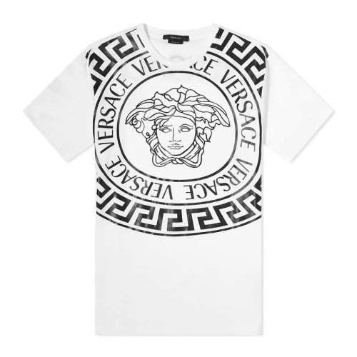 VERSACE/范思哲 男士白色棉質經典字母徽標美杜莎頭像希臘回紋印花圓領上衣短袖T恤 1000849-1A00614-2W020