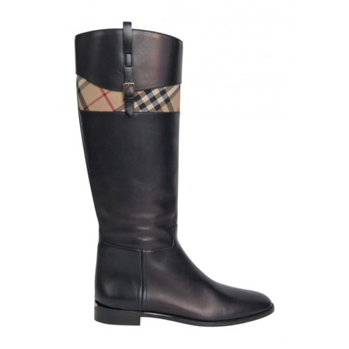 BURBERRY/博柏利 女士黑色牛皮格紋低跟長靴高筒靴及膝靴女鞋3943066