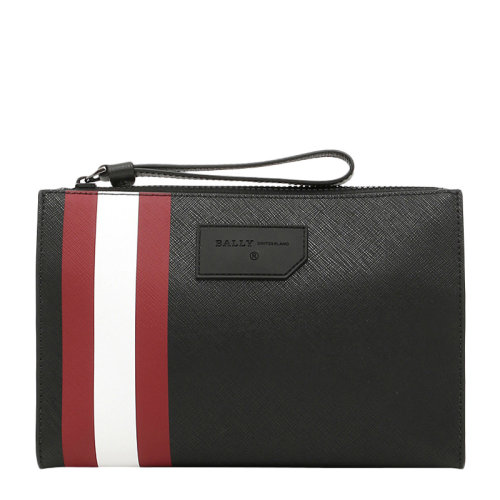 BALLY/巴利 男士黑色十字紋皮革經典紅白條紋拉鏈開合公文包手拿包男包 6224071
