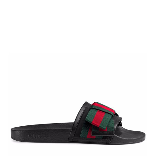 GUCCI/古馳 女士黑色尼龍配皮一字蝴蝶結時尚休閑涼鞋拖鞋沙灘鞋涼拖女鞋