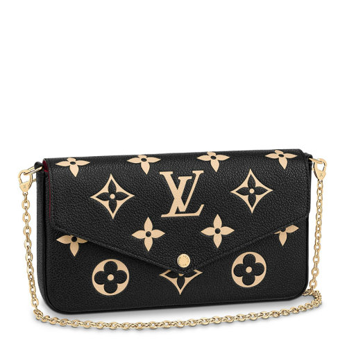 Louis Vuitton/路易威登 22春夏新款FéLICIE系列 女士黑色粒面牛皮革奶白色老花印花金扣金鏈配可拆卸貼袋翻蓋開合單肩斜挎手拿鏈條信封包M80482