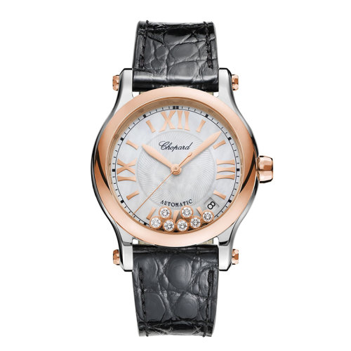  Chopard/蕭邦  Happy Sport系列玫瑰金和精鋼自動機械鱷魚皮表帶女士鑲鉆腕表36毫米278559-6008
