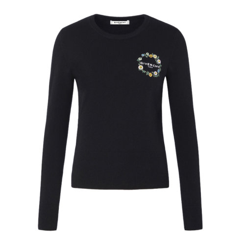 Givenchy 紀(jì)梵希 20春夏 女裝 服裝 黑色羊絨花卉logo刺繡時(shí)尚修身長袖針織衫 女士毛衣