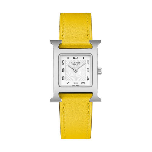 HERMES/愛馬仕      Heure H系列 女士石英機(jī)芯白色表盤精鋼表殼和小牛皮表帶腕表21x21毫米W055233WW00
