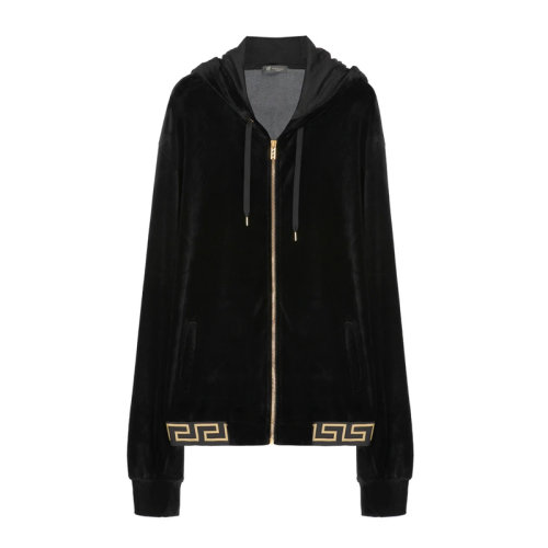 VERSACE/范思哲 男士黑色莫代爾混紡棉質希臘回紋邊飾拉鏈開合長袖上衣外套連帽衫 AGU15010-AC00344-A008