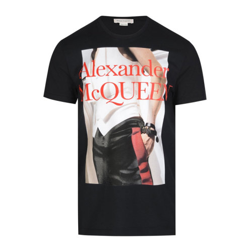 Alexander McQueen/亞歷山大麥昆 男士黑色棉質多彩照片印花印花字母LOGO圓領短袖T恤 624182-QPZ73-0901