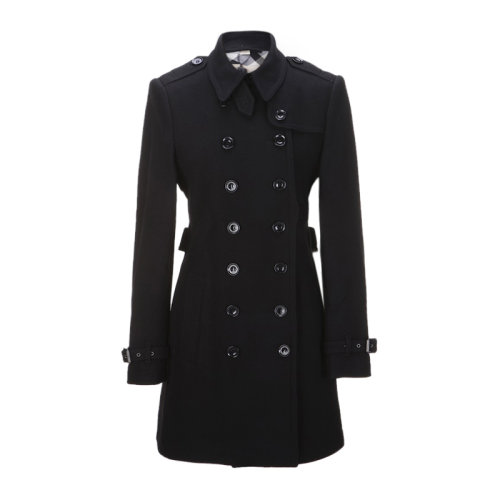 BURBERRY/博柏利 女士黑色羊毛雙排扣束腰修身風衣大衣