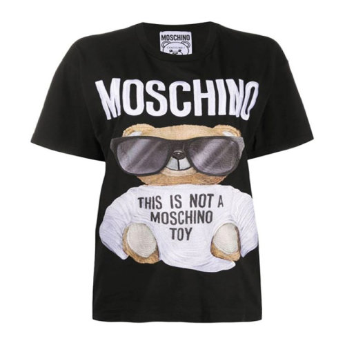 Moschino 莫斯奇諾 女士 服裝  黑色圓領字母LOGO小熊圖案棉質T恤 女士短袖T恤