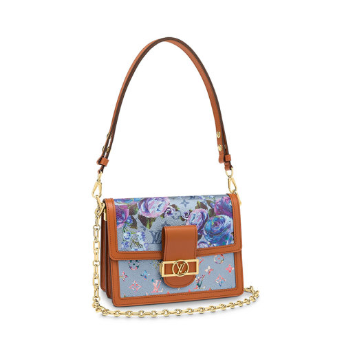 Louis Vuitton/路易威登 22新款DAUPHINE系列 女士中號藍色帆布飾花朵印花棕色皮革滾邊細節(jié)金扣金鏈單肩斜跨手提包M21266