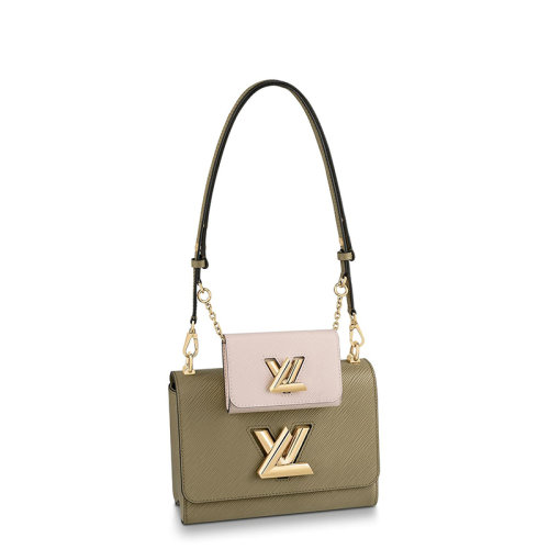 Louis Vuitton/路易威登 22春夏新款TWIST系列 女士中號卡其綠/石英白水波紋皮革金色旋扣配可拆卸小袋多功能二合一斜跨單肩包M59884