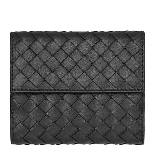 Bottega Veneta/葆蝶家　女士黑色羊皮經(jīng)典編織搭扣短款三折迷你錢夾錢包女包　382576-V001N-1000
