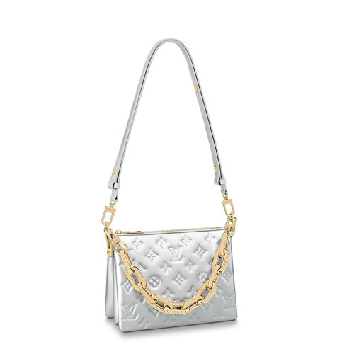 Louis Vuitton/路易威登 22春夏新款COUSSIN BB系列 女士銀色羊皮革老花壓印金鏈條配可拆卸肩帶單肩斜挎手提鏈條包M20567