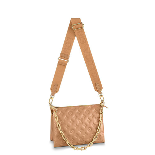 Louis Vuitton/路易威登 22春夏新款COUSSIN系列 女士小號駱駝色羊皮革老花壓印金鏈配可拆卸肩帶單肩斜挎手提鏈條法棍包M57791