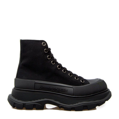 Alexander McQueen/亞歷山大麥昆 王一博同款男士黑色棉質(zhì)橡膠底側(cè)面徽標(biāo)系帶高幫鞋厚底鞋休閑鞋運動鞋男鞋 604254-W4L32-1000